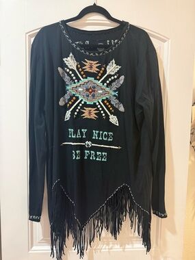 Double D  Fringe Boho Tunic - Black with Turquoise & Tan Embroidery with beads